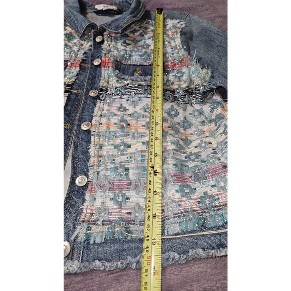 Ramy Brook Murray Denim Jacket,  Women's size Large Tweed Embellished Distressed - Picture 6 of 8